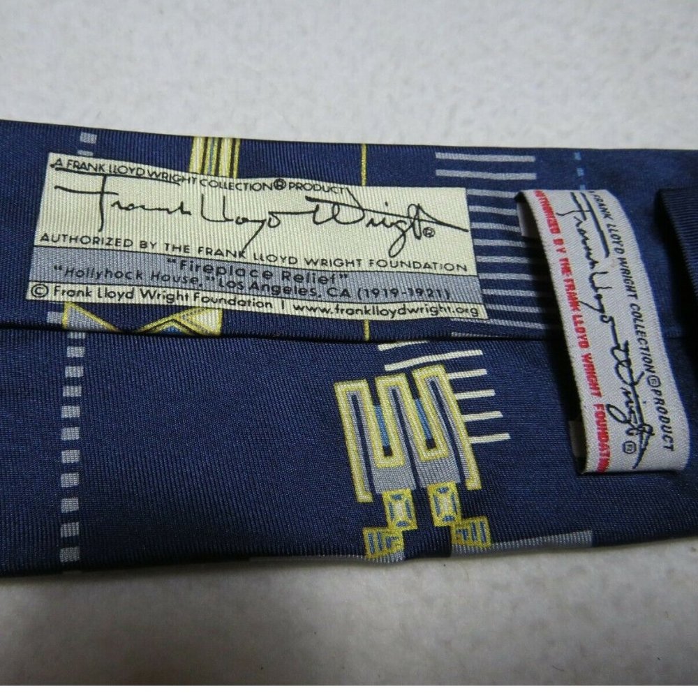 FRANK LLOYD Tie Fireplace Relief Hollyhock House 100% Silk Blue Abstract - Picture 5 of 9